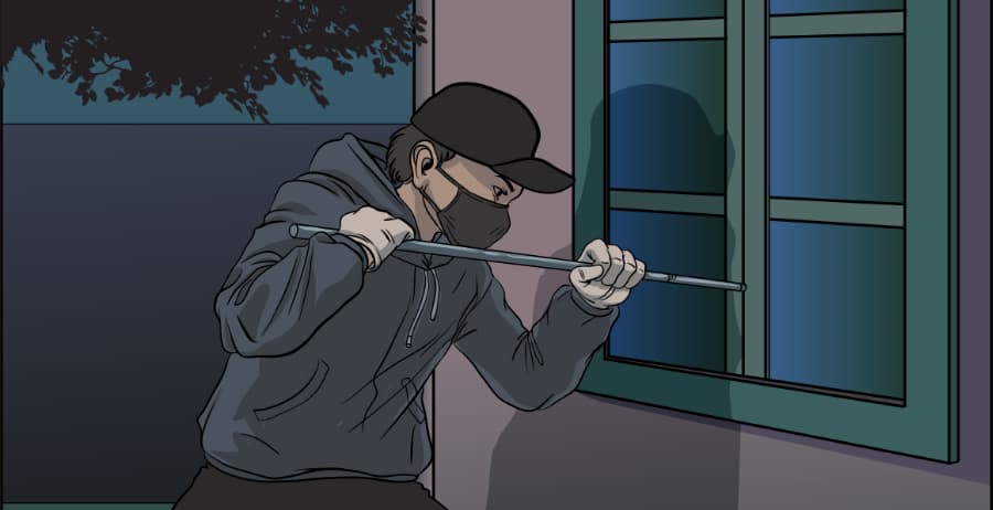 Illustration of burglar forcing entry through a window in Cedar Rapids